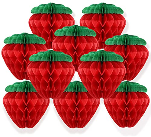 Skylety 10 Pcs 6 Inch Strawberry Party Decorations Red Tissue Pom Poms Honeycomb Balls Paper Strawberry Lanterns Garland for Berry First Birthday Party 1st Baby Shower Sweet Fruit Wedding Decor