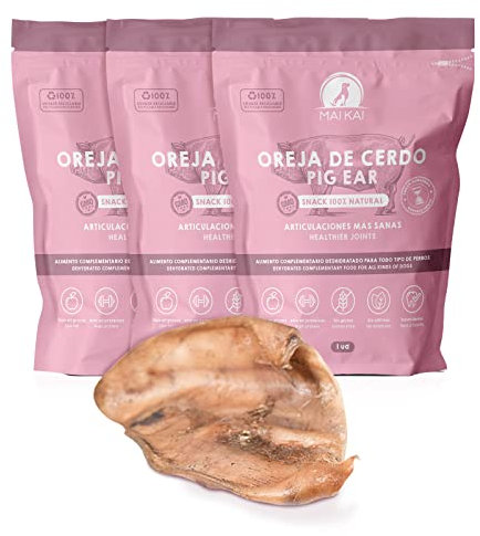 MAIKAI Packung 3 Schweineohren für Hunde - 100% Natürliche Hundesnacks - Alternativer Kauartikel + Getrocknete Schweineohren - Hundefutter - Hundeleckerli