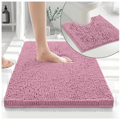 GC GAVENO CAVAILIA Soft Bath Mat Sets For Bathroom | 2 Piece Bath Mat Non Slip Back | Highly Water Absorbent & Fast Drying 100% Microfiber Chenille Toilet Rug with Pedestal Mat | Blush Pink