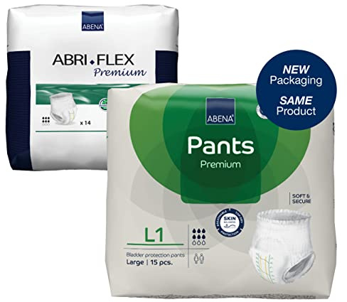 Abena Pants Premium Inkontinenzhose zum Hochziehen, Eco-Labeled Inkontinenzhose für Männer und Frauen, diskret, schützend, atmungsaktiv, bequem – Größe L 1, Taille 100–140 cm, Saugfähigkeit 1400 ml,