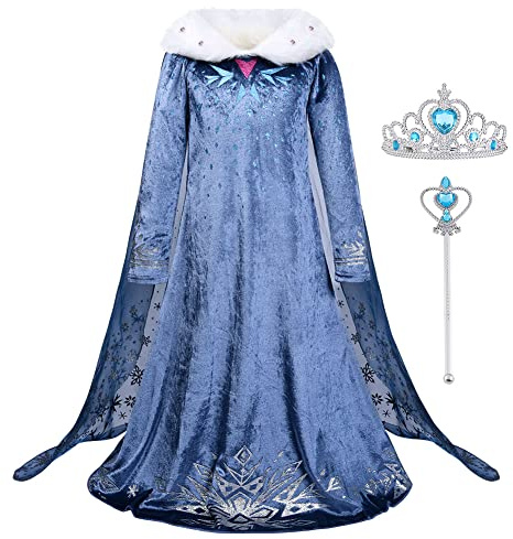 URAQT Robes Fille, Robe de Princesse avec Baguette et Couronne, Robe Enfant de Princesse, Manches Longues Costume Bleu pour Noël Halloween Anniversaire Déguisements Princesse de Cosplay(140)