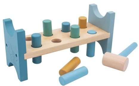 jumini Toy Wooden Hammer Bench - Pound a Peg with Wooden Hammer and 8 Wood Pegs - great Hammering Baby Toy Gift for Babies, 12months, 1, 2,3 and 4 Year Olds - Retro Pastel Colours (Blue Dinosaur)