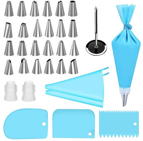 LINKLKBOY 35 tlg.Profi Spritztüllen Set aus Edelstahl - Große Russische Tüllen + Silikon Spritzbeutel & Backzubehör zum verzieren von Cupcakes & Torten - Spritztüllenset – Backset