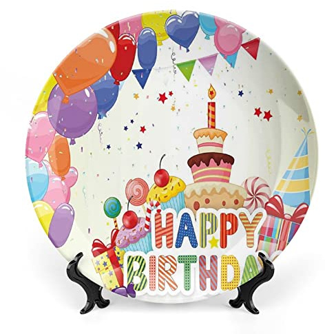 LIGUTARS Decorative Plates, Birthday Decor Print Ornament, Heart Shaped Funny Balloons Cupcakes Candies, 7 Inch, 1 Plate with 1 Display Stand, Multicolor