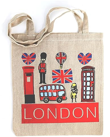 Lang Horn Bolsa de regalo impresa original de Londres, 35,5 x 40,6 cm, mango largo, algodón, recuerdo, recuerdos, Bandera 1 (Blanco), Medium
