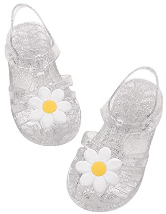HAOLEI Jelly Shoes for Toddler Girls Summer Retro Jellies Sandals T-Strap Slingback Little Kids Glitter White Soft Closed Toe Princess Dress Flats Beach Water Shoes for 2-9 Years