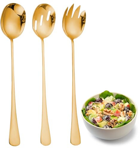 APOMOONS Posate per Insalata,Cucchiaio da Insalata,Forchetta da Insalata Posate per Insalata in Acciaio Inossidabile Kit de Posate da Insalata Adatto per Cucina Hotel Ristorante Festa 3 PCS (Oro)