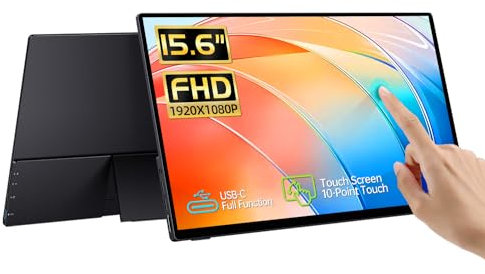 15.6 Inch Portable Touch Screen, FHD IPS Touch Screen with Tempered Glass, Travel Monitor with Kickstand and Speaker, HDMI USB C External Monitors for Laptop Phone Computer