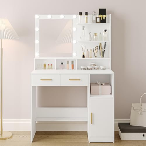 Hzuaneri Schminktisch mit Spiegel und 10 LED-Beleuchtung, Schminktische mit Einstellbare Helligkeit,Schminktisch mit 2 Schublade & 1 Schrank, 3 Ablagen & 4 offenen Fächern, Weiß DT32503X