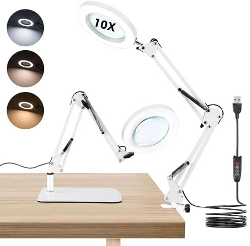 Towwoo Lampada con Lente d'Ingrandimento, 10X Lente d'ingrandimento da Tavolo con Luce e Supporto, 72 LED Dimmerabili, 3 Colore e 10 Livelli di Luminosità, per Lettura, Riparazione, Artigianato