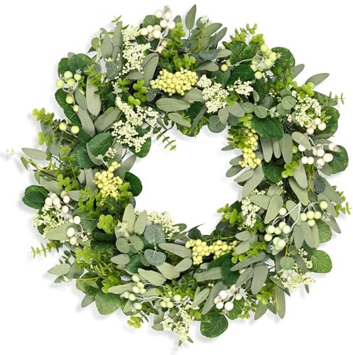 COLORSPEC Eukalyptus-Kranz für die Haustür, 61 cm/24 Zoll Frühlings-Sommer-Ganzjahreskranz, Buchsbaum-Eukalyptus-Türkranz, Dekoration für draußen drinnen Bauernhaus Hochzeit Zuhause Wand Kamin