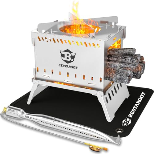 Bestargot Hobo Kocher Camping Holzofen mit Brennerrohr und Feuerfeste Tasche, Tragbarer Campinggrill, Steckbarer Campingkocher für Grillen und Kochen, Outdoor Kocher für Camping Balkon Garten