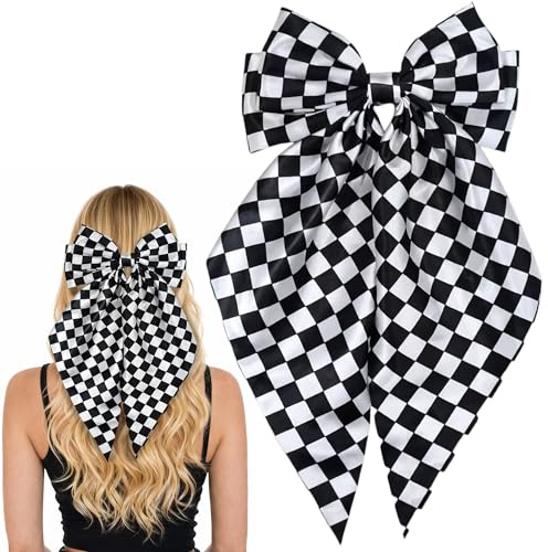 JazSwirl Checkered Bow, Checkered Hair Bow for Women, Jumbo Ribbon Cute Hair Bows Barrettes for Women, Large Hair Bows, Long Tail Bows, Bowknot Hair Clip