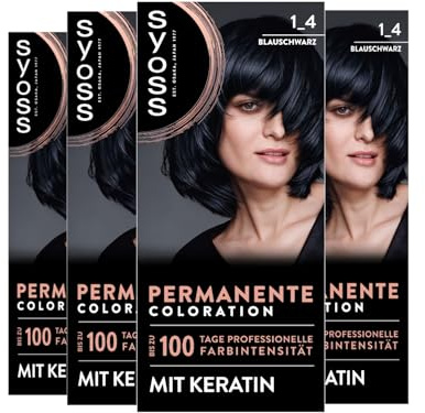 SYOSS Coloration 1_4 Blue Black (4 x 115 ml), Permanent Colouration with Keratin Gives up to 100 Days of Professional Colour Intensity, 100% Grey Coverage