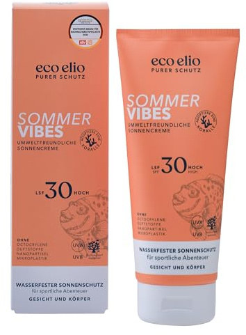 eco elio LSF 30 nachhaltige Sonnencreme 200ml Sommer Vibes Wasserfeste ohne Octocrylene und Mikroplastik Kokosduft Sunscreen Face Sonnencreme Körper