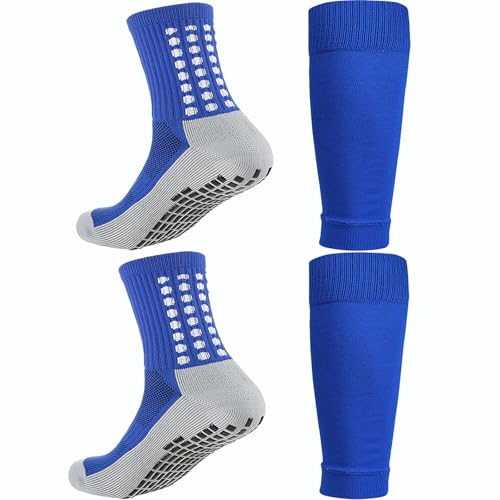 KMOLY 1 Set Kids Grip Soccer Socks and Shin Guard Sleeves for Age 7-14 Youth Boys Children Football Basketball Training (Blue)