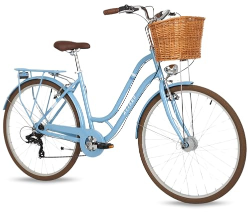 ATTABO City 28 - Bicicleta urbana para mujer, marco de 19, ruedas de 28, 7 velocidades, cesta de mimbre, portaequipajes de 15kg, LED, guardabarros - cómoda y elegante