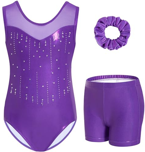 Gogokids Ensemble de Gymnastique sans Manches pour Filles avec Strass, Ensemble de 3 Pièces comprenant un Justaucorps, un Short et un Élastique à Cheveux, Vêtement de Gymnastique à Col Échancré en
