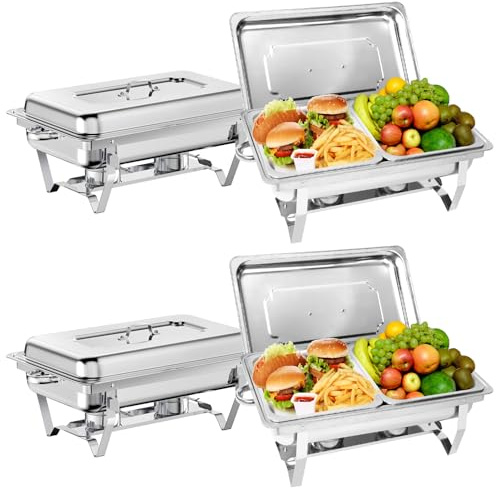 EVGTTI Chafing Dish Buffet Set 4 Pack, 9L Chafers for Catering with 8 Half Size Food Pans, Fuel Holders, Lid, Foldable Frames, Stainless Steel Food Warmers for Parties Buffets Banquets Dinners