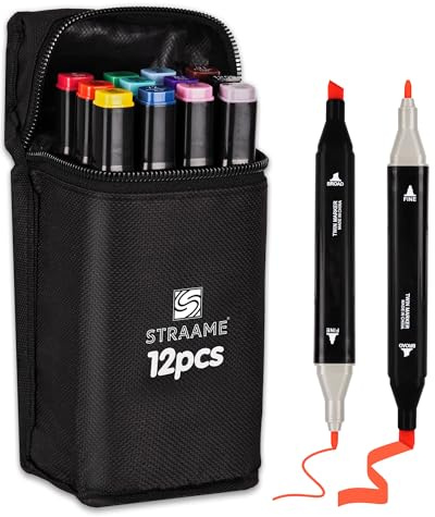 Straame Alcohol Markers 12 Colours, Dual-Tip Pens, 1mm Fine/6mm Chisel Nibs