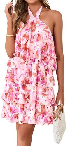 Simplee Womens Summer Floral Mini Dress Casual Sleeveless Halter Ruffle Tiered Chiffon Boho Beach Vacation Short Dresses,Pink XL