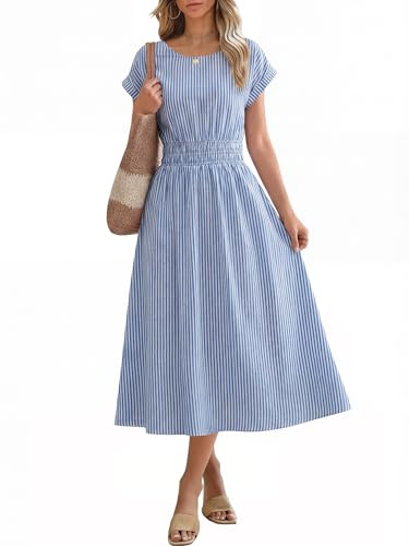 ANRABESS Womens Summer Midi Dress Striped Casual Short Sleeve Crewneck Elastic Waist 2026 Flowy Long Beach Dress with Pockets, Blue White Stripe, X-Large