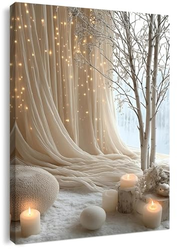 Qiukoo Canvas Wall Art Framed – Cozy Neutral Candle Lights Artwork, Soft Winter Hygge Style Wall Decor for Bedroom, Living Room, Hallway or Entryway Home Decoration, with Hooks and Nails, 12x16 Inch