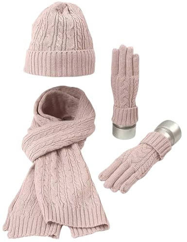 GWAWG Juego de gorro y bufanda para mujer, conjunto grueso 3 en 1 de invierno, suave, cálido, gorro de punto largo, bufanda, guantes, para caminar, ir de compras, esquí, pesca, camping, rosa, talla