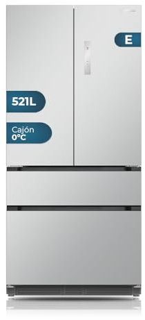 Hyundai Frigorífico French Door Inox, 4 Puertas HFR19090EDI00, Capacidad 521 Litros, No Frost, Motor Inverter, Bajo Nivel Sonoro, Puerta Cristal, Apertura Uñero, Clasificación Energética E