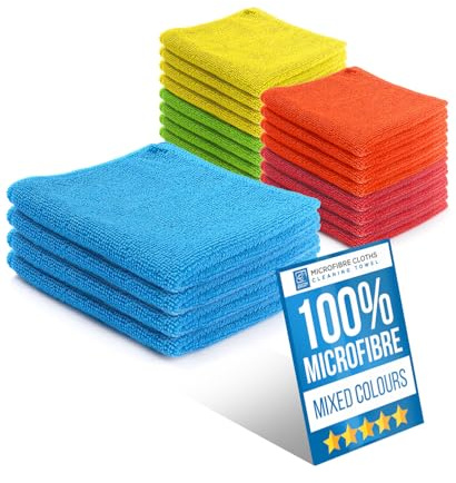 Microfibre Cloth Pack of 20 Microfiber Cleaning Cloths, Super Absorbent, Very Soft for Bathroom, Kitchen, Windows, Glass, Car Interior & Exterior, Mixed Colour 40cm x 40cm
