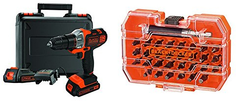 Black+Decker Akku-Multifunktionsgerät MT218KB / 18V Akkubohrer mit 2 Akkus + A7228 31-teilig Bit-Set für Schraub- und Montagearbeiten