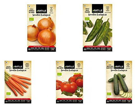 Lote 5 sobres de semillas Ecológicas (Tomate, Zanahoria, Pepino, Pimiento italiano y Cebolla)