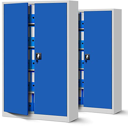Jan Nowak Set di 2 Armadio da Ufficio XXL C001 II Archivio per Officina in Metallo Verniciato a polvere Chiudibile 185 cm x 115 cm x 40 cm (Grigio-Blu)