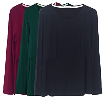 Smallshow Donna Top per Allattamento a Maniche Lunghe 3 Pack,Wine/Deep Green/Black,M