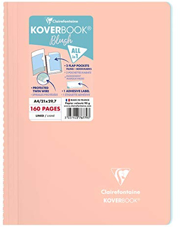 Clairefontaine 376779C - One Spiral Notebook Koverbook Blush Coral - Size: A4 21x29,7 cm - 160 Ruled Pages - White Paper 90 g - Polypro Wraparound Cover
