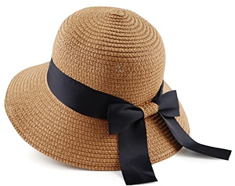 Zsedrut Girl Straw Sun Hat Summer Beach Cap Foldable Visor Floppy Hats Wide Brim with Strap,Big Bowknot,Adjustable Size (Khaki,2-4 Years)