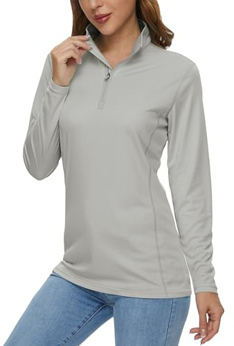 MAGCOMSEN Quarter Zip Pullover Women Rash Guard Womens Long Sleeve Tops Quick Dry Cooling Golf Shirt Workout Riding Light Grey,S