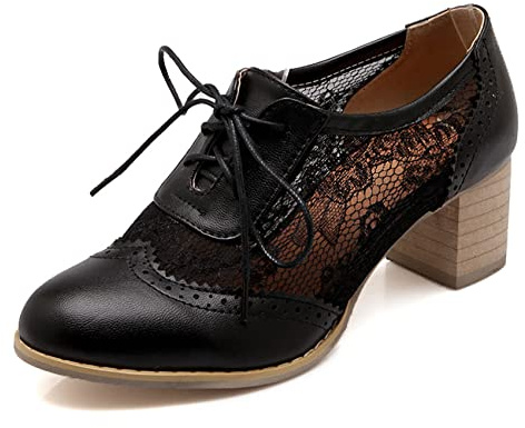 SHEMEE Women's Chunky High Heels Wingtip Oxfords Round Toe Lace Up Stacked Block Heel Vintage Brogues Pumps Shoes, Black, 7 UK