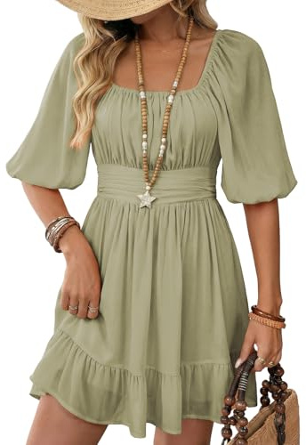 Dokotoo Womens Square Neck Mini Dress Tie Back Lantern Sleeve Summer Dresses Ruffle A-Line Grey Dress Casual Shirred Elastic Waist Sexy Dresses Spring Clothes for Wedding Guest Medium