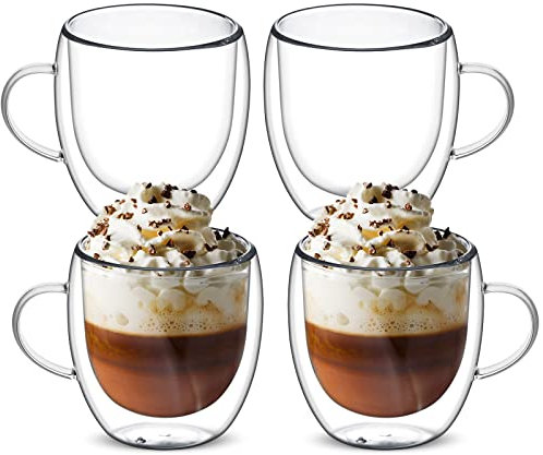 autumndeer Set of 4 Double Walled Glass Mug Set, Drinking Glass Coffee Mugs with Handle, Insulated Layer Coffee Cups, Clear Glass Mugs for Latte, Cappuccinos, Tea, Juice, Hot/Cold Drinks (250ml)