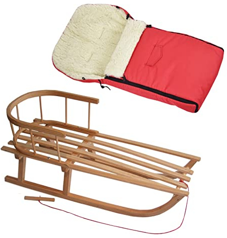 Kombierbjudande träsläde med ryggstöd och dragrep + universell vinteråksäck (90 cm), även lämplig för babystol, barnvagn, buggy, lammull, uni (röd + släde)