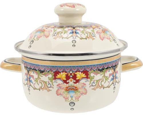 STOBAZA Küche Emaille Suppentopf mit Deckel-1.5L Retro Bohnen Kochtopf, Vintage dicker Suppentopf mit Griffen, Antihaftbeschichtung, sicher für Induktionsherde, Gasherd