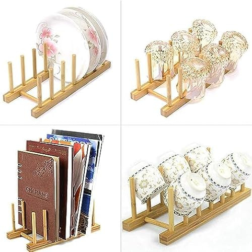 Qcwwy Supporto per Coperchi per Pentole, Supporto per Piatti in Legno Supporto per Coperchi per Pentole con 6 Griglie Base Stabile per Riporre Piatti Taglieri Organizzatore Rack Facile