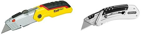 STANLEY 0-10-825 FATMAX Retractable Folding Knife, Yellow/Silver & Quickslide Pocket Knife All-metal with Belt Clip Ref 0-10-810, Silver/Black