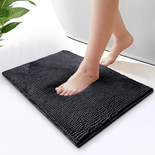 Moonlight Bedding Bath Mat Non Slip Anti Mould - Chenille Shower Mat Black 40 x 60 cm Super Absorbent Bathroom Mat Machine Washable Extra Soft Fluffy Bathmat