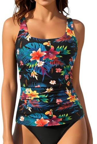Aqua Eve Tankini Tops for Women Swimwear Top Only Tummy Control Bathing Suit Top No Bottom (Available in Plus) Black and Colorful Flower XL