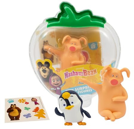 Giochi Preziosi Masha E Orso - Confezione A Forma Di Fragola Trasparente Con Personaggio Maiale, Adesivi E Bustina Contenente Pinguino, Per Bambini A Partire Dai 3 Anni