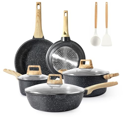 GiPP Pots and Pans Set Non Stick - 14 Piece Grey Ceramic Kitchen Cookware Sets Nonstick Induction Cookware Non-Toxic Cooking Pan Set with Silicone Spatula&Spoon, PFOS and PFOA Free(Grey, 14PCS)