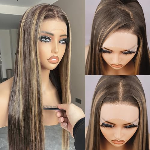 BLL Highlight Lace Front Wig, 13x4 Honey Blonde Synthetic Pre-Plucked Long Straight Glueless Hd Lace Wigs 26Inch 4/30 Brown Blonde Highlights Honey Brown Wig Suitable For Everyday Wear