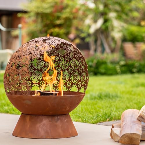 Damasque Globe Fire Pit Bowl - Weatherproof Oxidised Metal Modern Outdoor Garden Log Wood Burner with Decorative Cut-Out Design for Patio or Yard - Measures H61 x 46cm Diameter